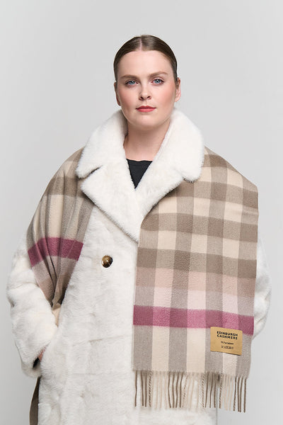 ピンクチェックスカーフ 100% ピュアカシミア