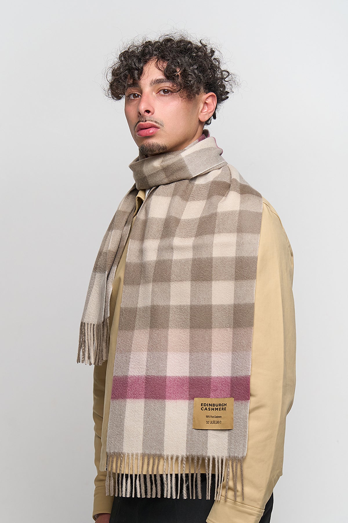 ピンクチェックスカーフ 100% ピュアカシミア