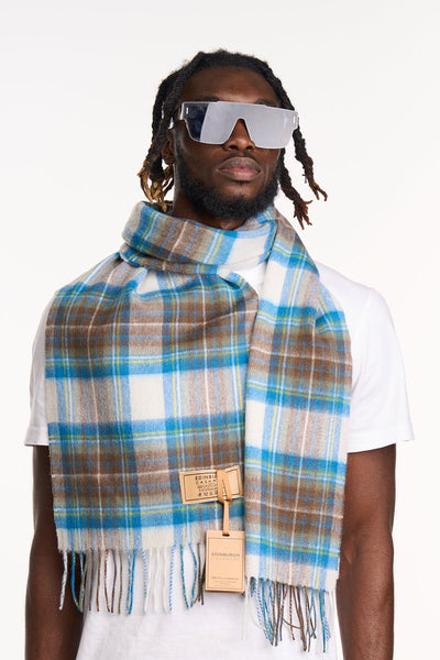 100% Pure Cashmere Scarf Design Stewart Muted Blue - Big Size