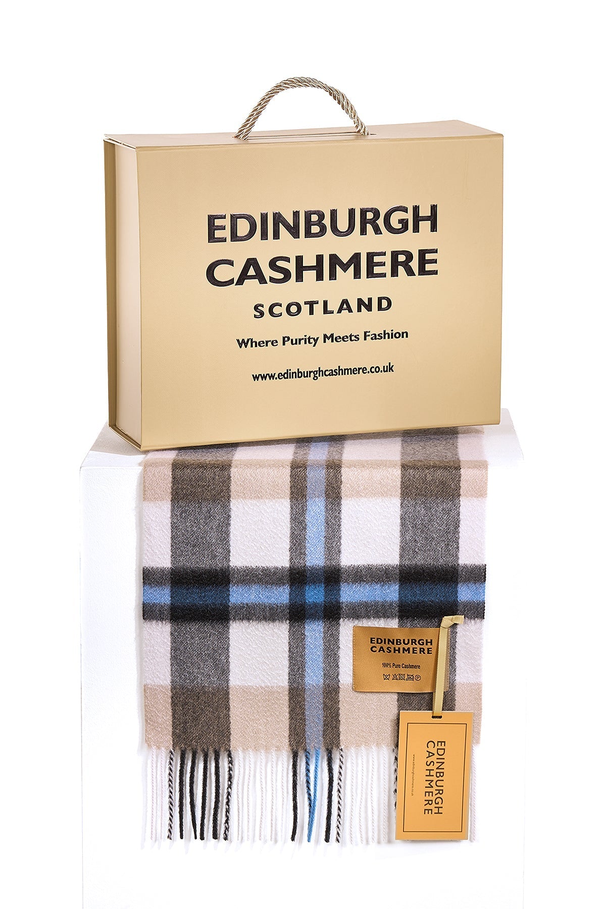 100% Pure Cashmere Children DC Scott Scarf Blue/Camel