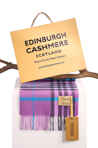 100% Pure Cashmere Children DC Check Scarf Lilac Check